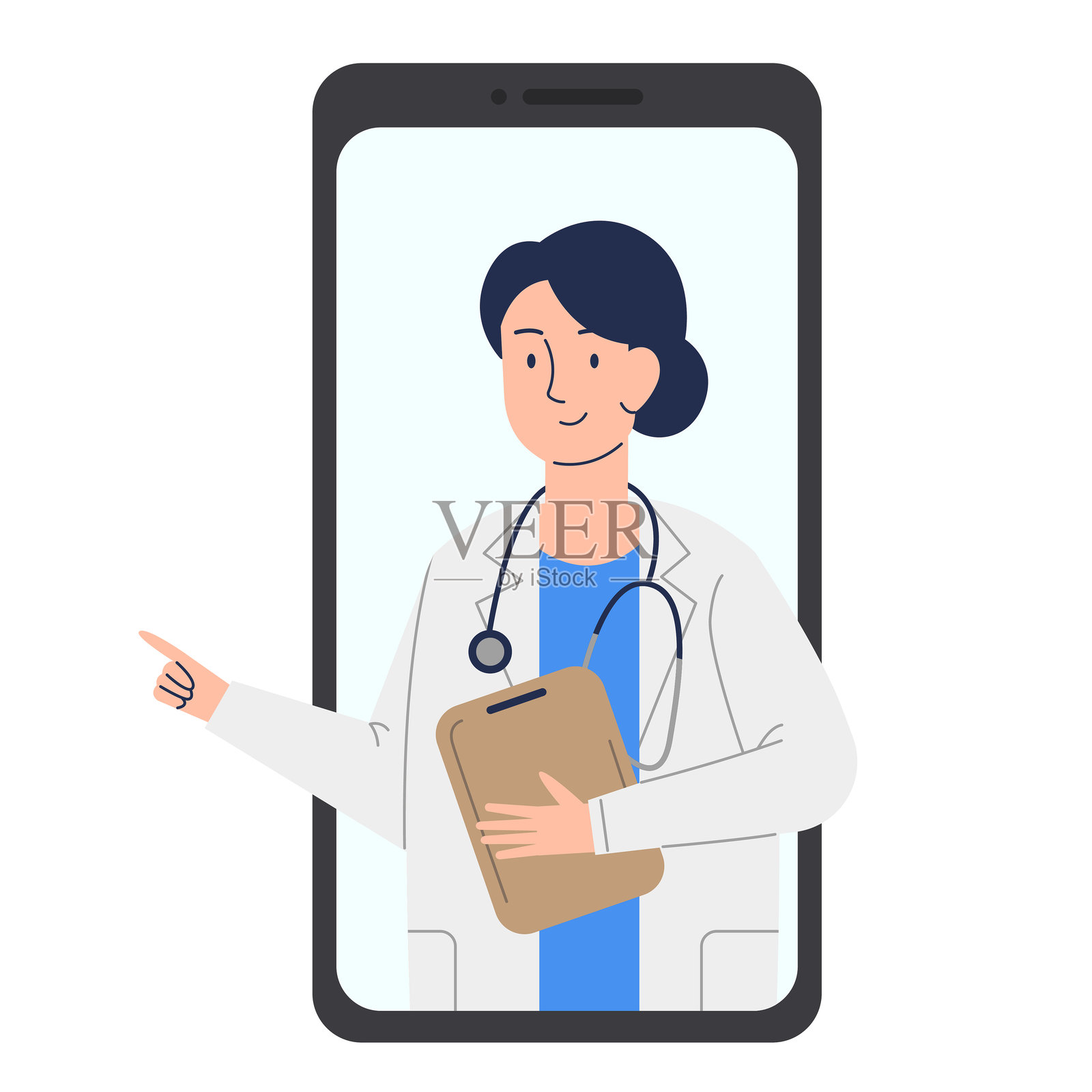 智能手机上的在线医生咨询。女性医生在智能手机上。在线医学剪贴画。插图背景为白色。插画图片素材