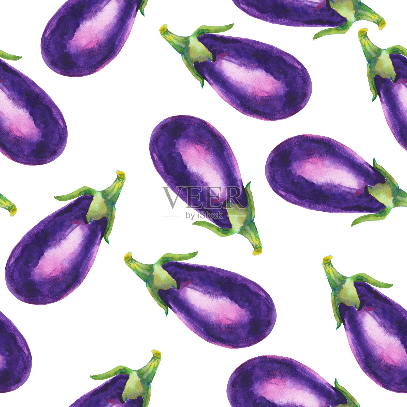 无缝水彩紫色茄子的图案。白色背景上的植物插图。手绘装饰纹理，适用于烹饪、菜单、丰收节和纸张的食材。插画图片素材