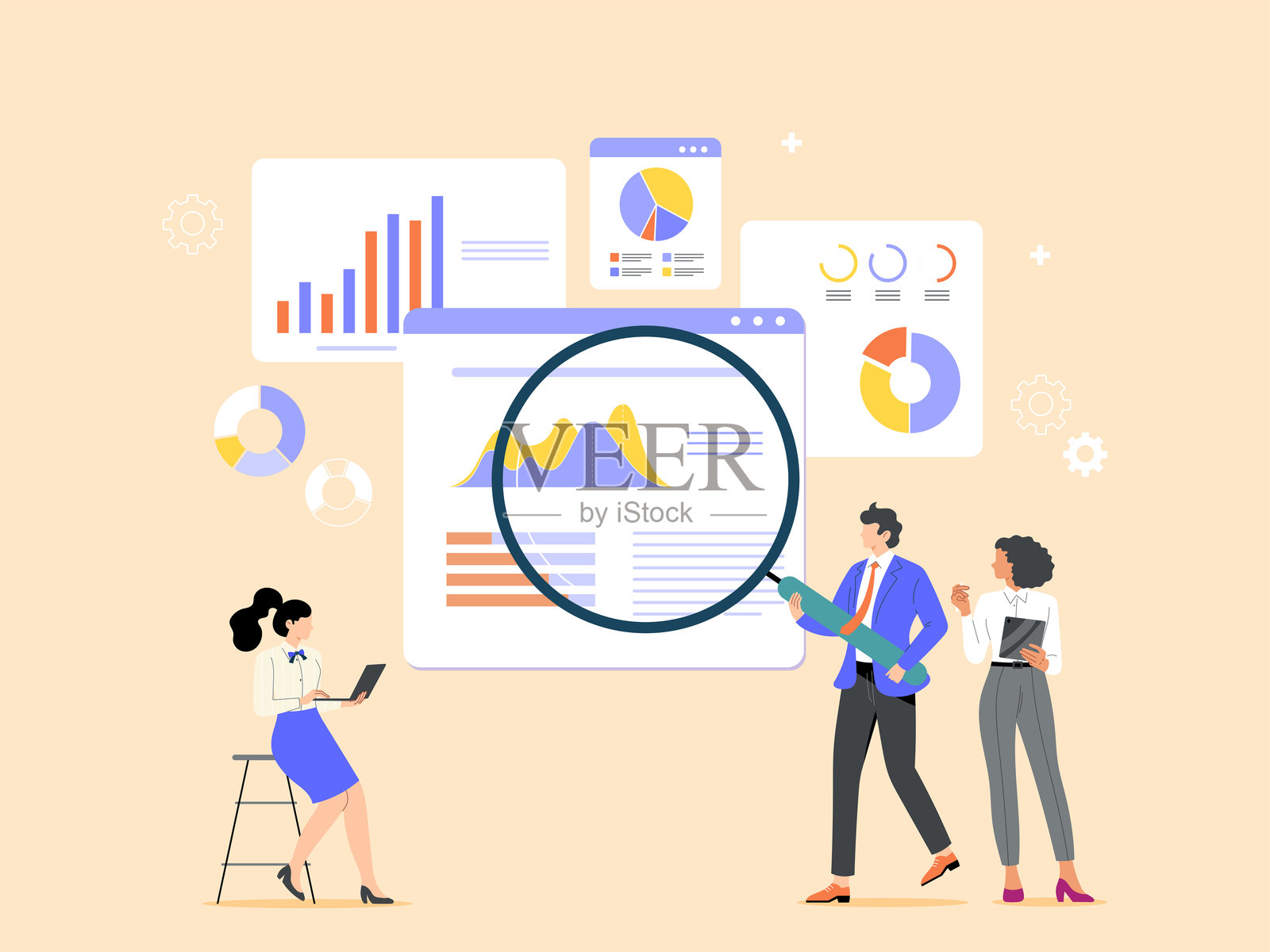 数据分析、市场研究、优化图表、大数据和信息概念插画图片素材