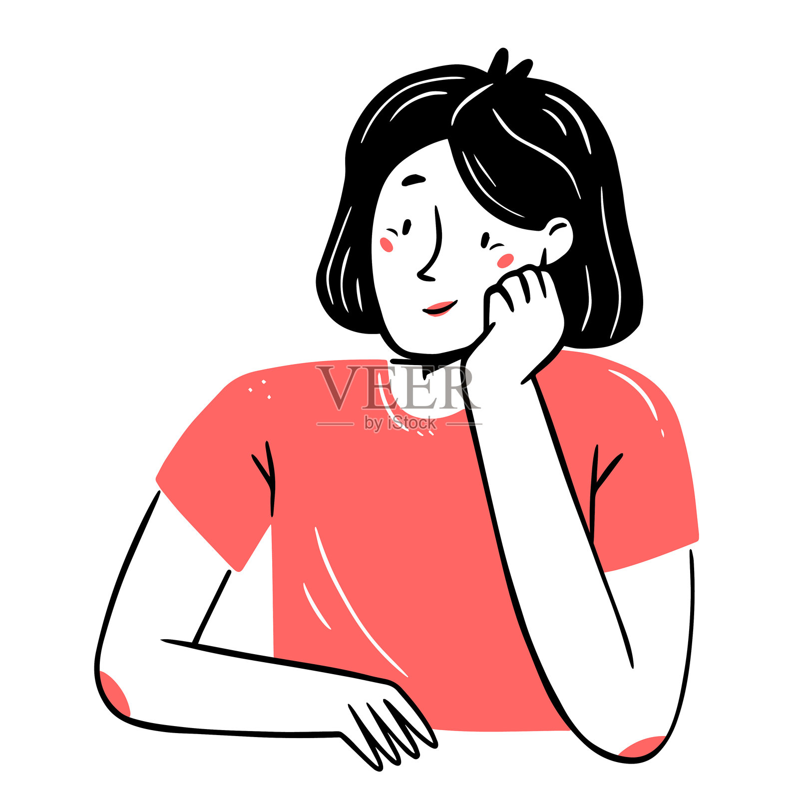 一个微笑、满足、感动的年轻女性坐着，手托着脸颊，采用简单的线条涂鸦风格。独立插图。插画图片素材