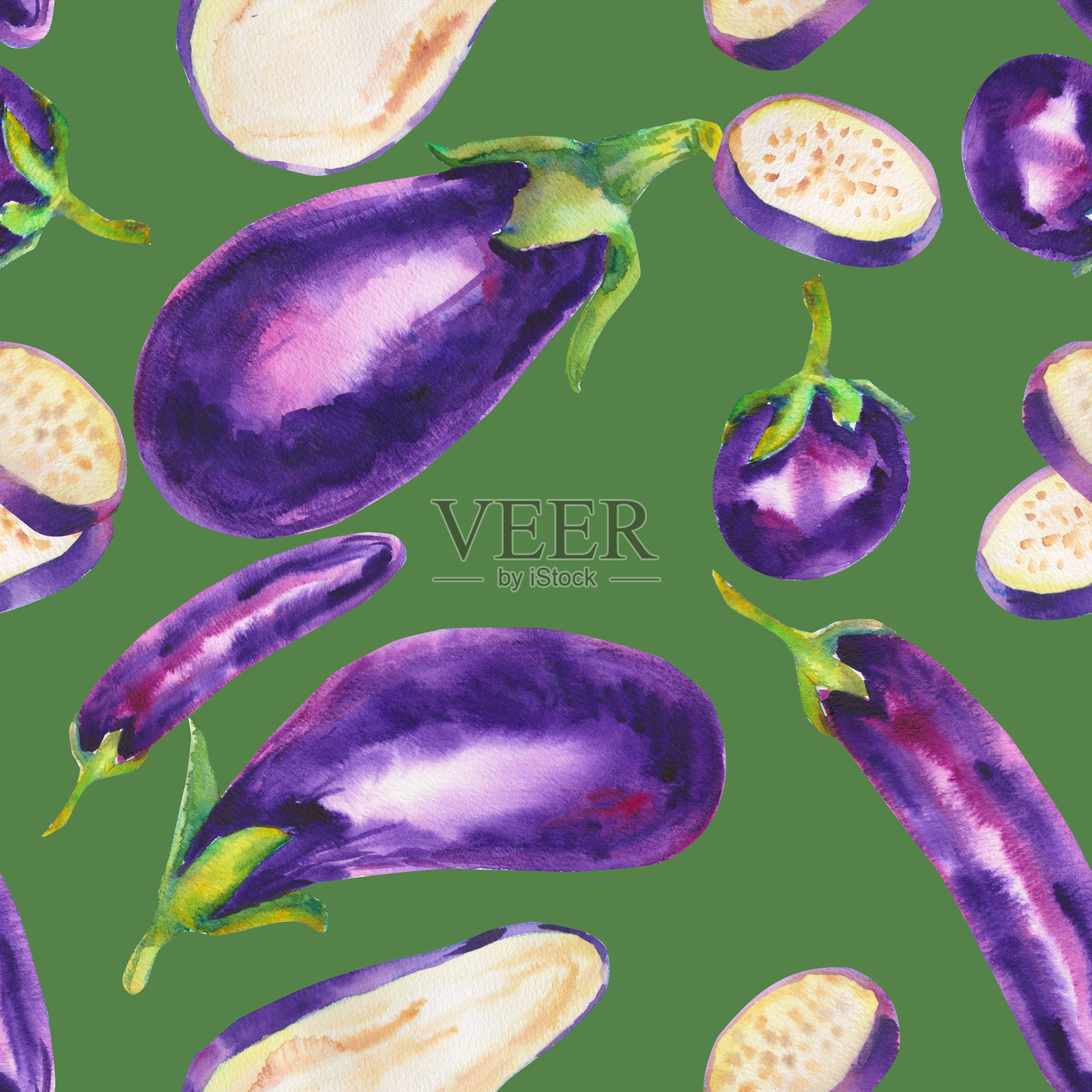 无缝水彩图案，包含茄子或紫茄。植物插图，背景为温暖的绿色。手绘装饰纹理，适用于烹饪、菜单、丰收节、纸张、感恩节。插画图片素材