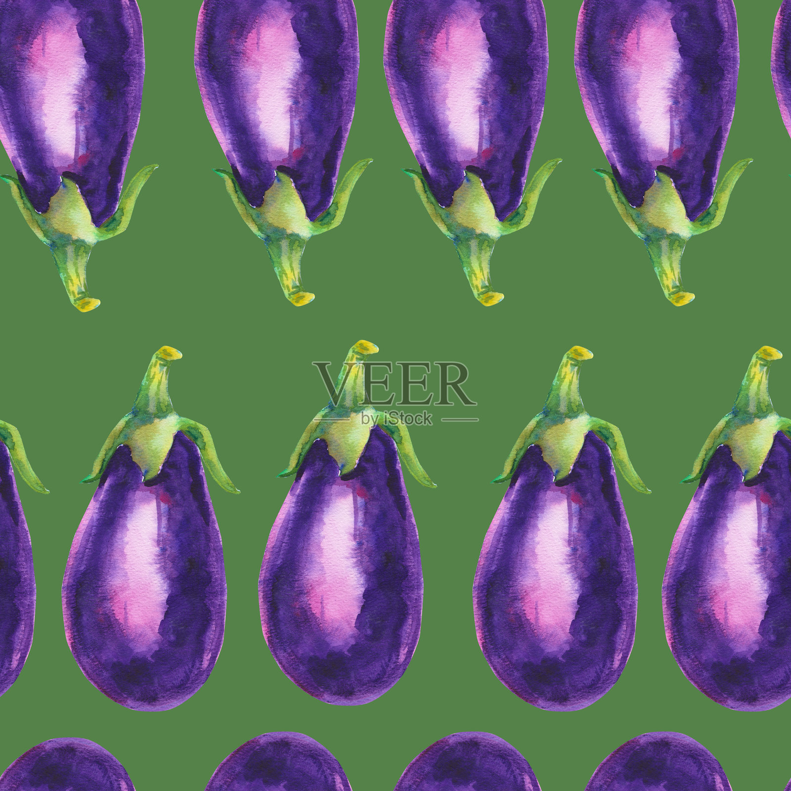 无缝水彩图案，包含茄子或紫茄。植物插图，背景为温暖的绿色。手绘装饰纹理，适用于烹饪、菜单、丰收节、纸张、感恩节。插画图片素材