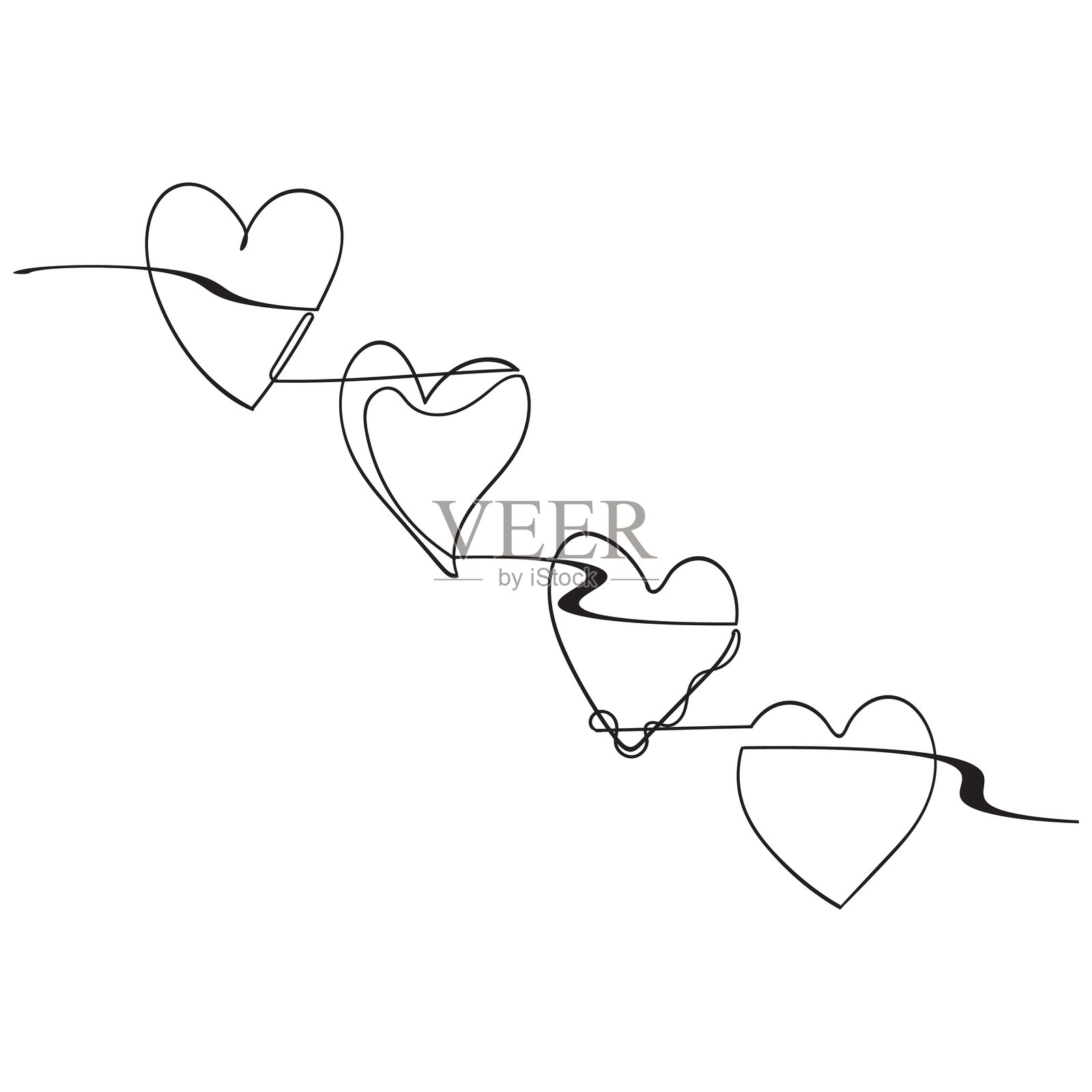 心形线条艺术插图。连续一笔勾勒的心形。抽象的爱之象征。轮廓丝带矢量背景。艺术设计模板。插画图片素材