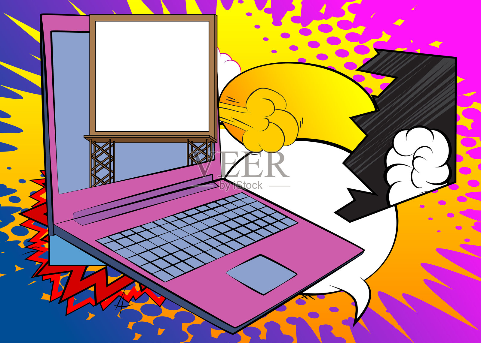 卡通笔记本电脑，漫画书笔记本与广告牌。复古矢量漫画流行艺术设计。插画图片素材