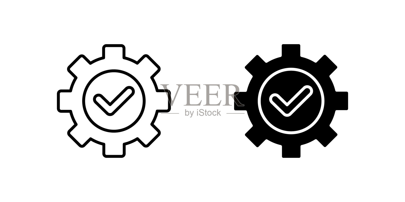 现代齿轮勾选图标集，用于设置、控制和系统配置。适用于软件、维护和技术界面。插画图片素材