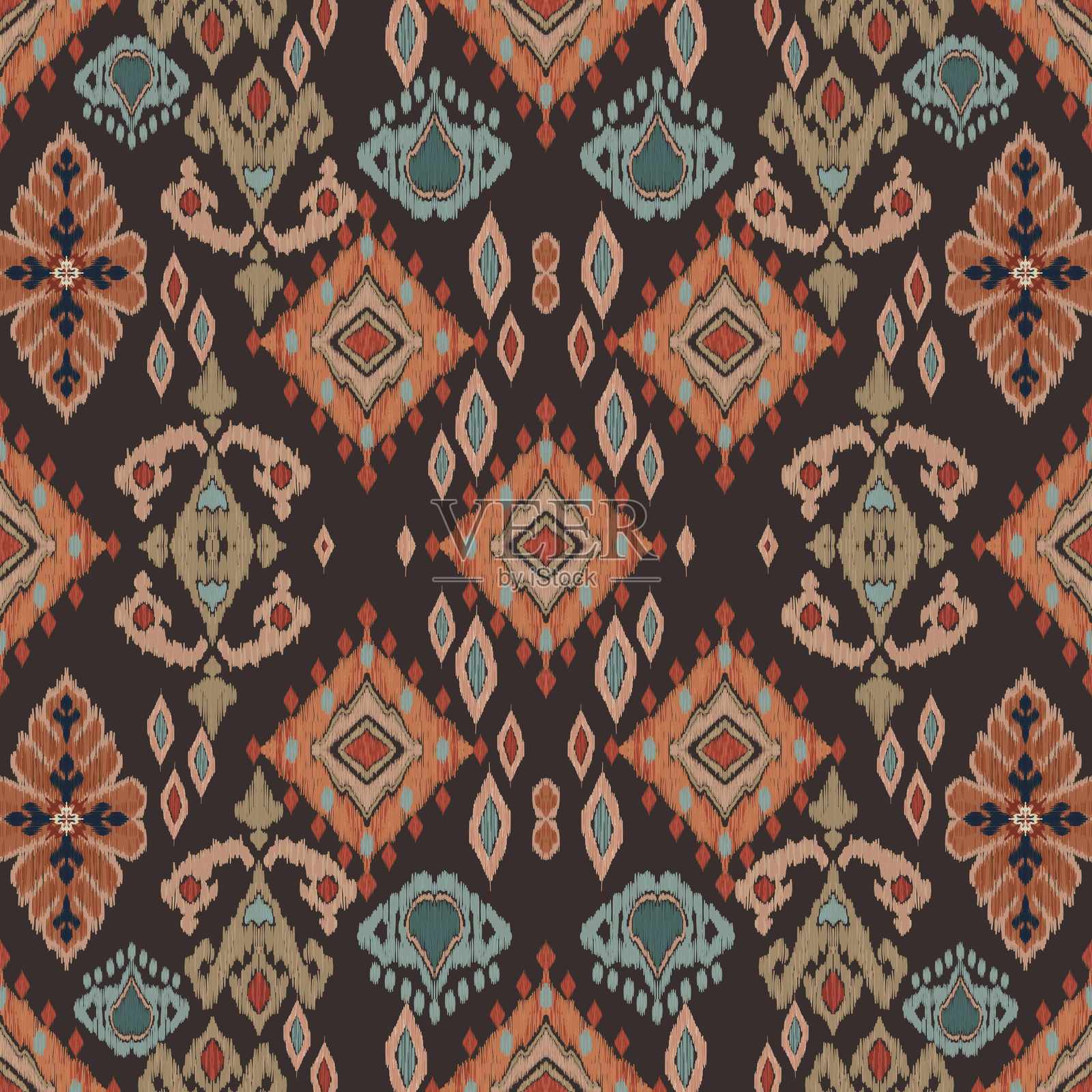 非洲民族手工制作的美丽伊卡特艺术。非洲伊卡特民族部落，波西米亚色彩无缝壁纸。动物印花与民族热带图案相结合。非洲波西米亚风格的佩斯利花卉伊卡特背景。插画图片素材