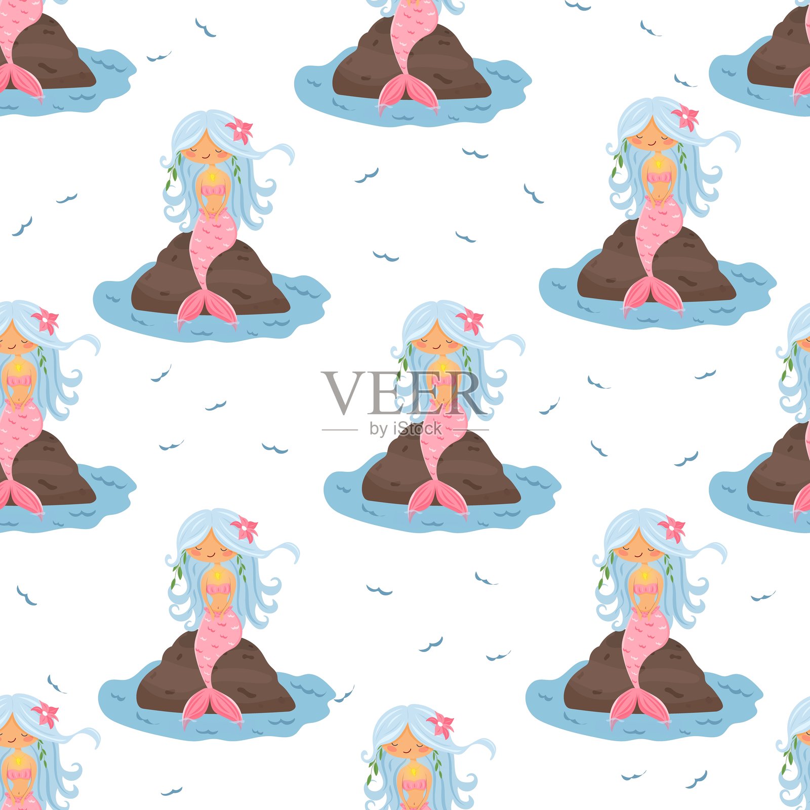 儿童纺织品和幼儿园装饰用美人鱼无缝图案插画图片素材