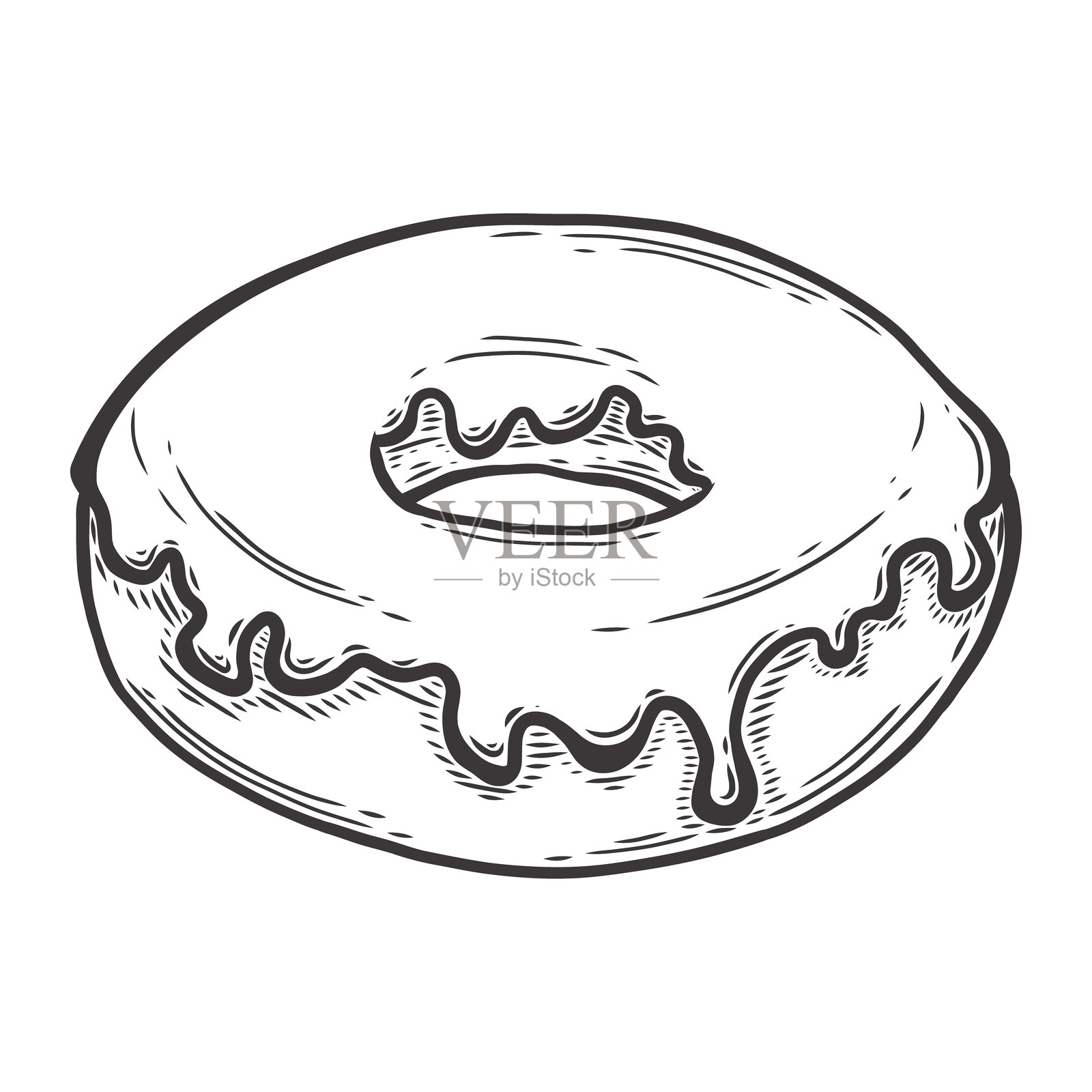 手绘甜甜圈复古插图。黑白线条风格的甜甜圈图案，背景为白色。线条绘图矢量图。插画图片素材