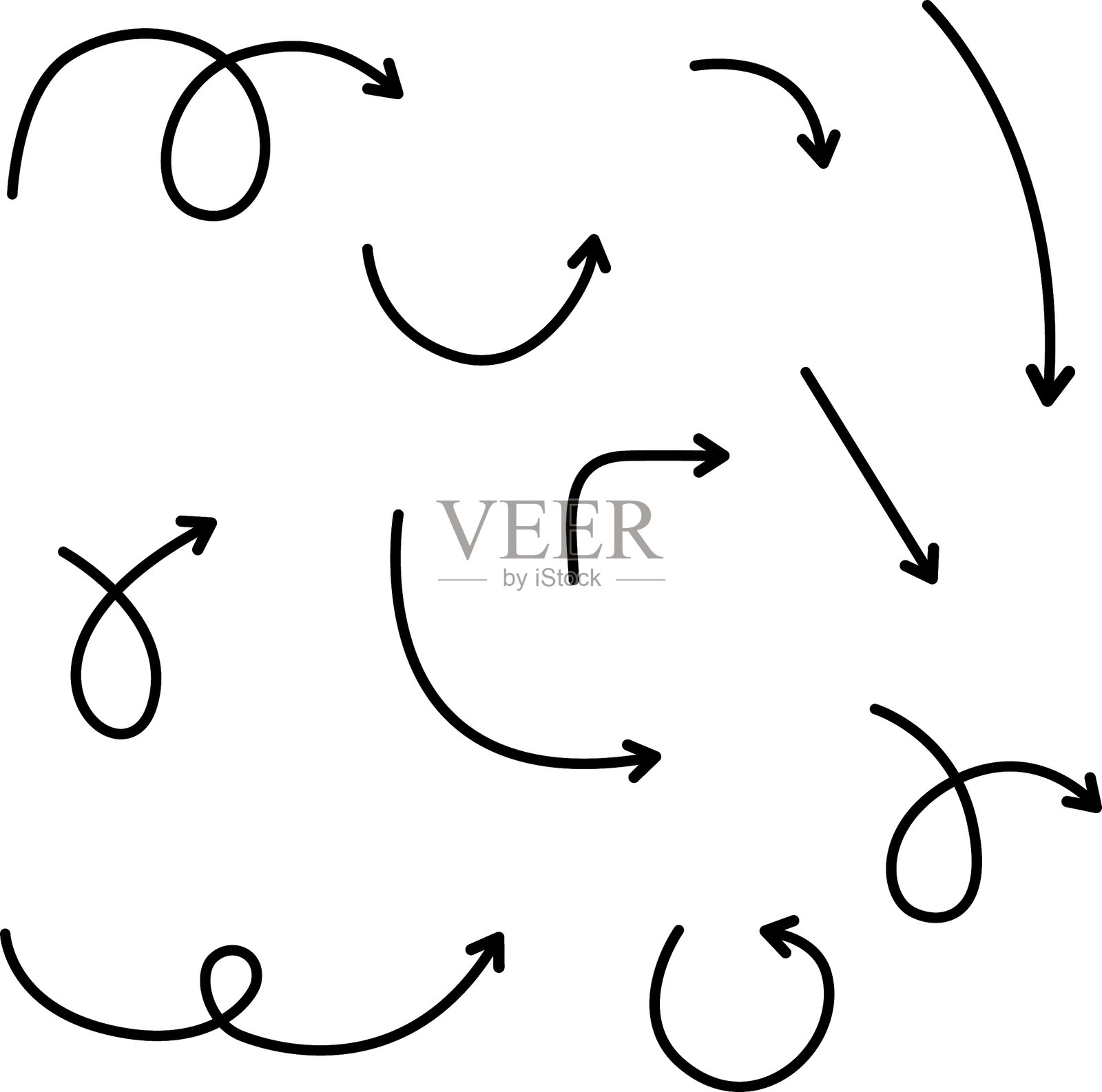矢量箭头图标集。独立的矢量箭头，手绘在白色背景上插画图片素材