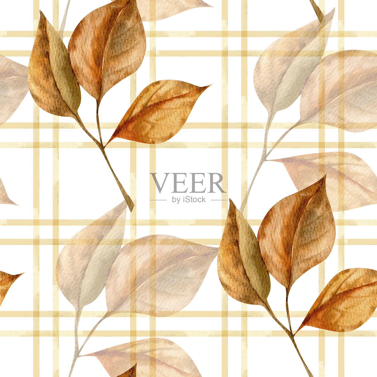 秋季花卉无缝图案，经典格子背景上点缀着橙色秋叶。手绘的季节性重复剪贴画，包含树木元素，适用于感恩节和丰收季节的包装设计。插画图片素材