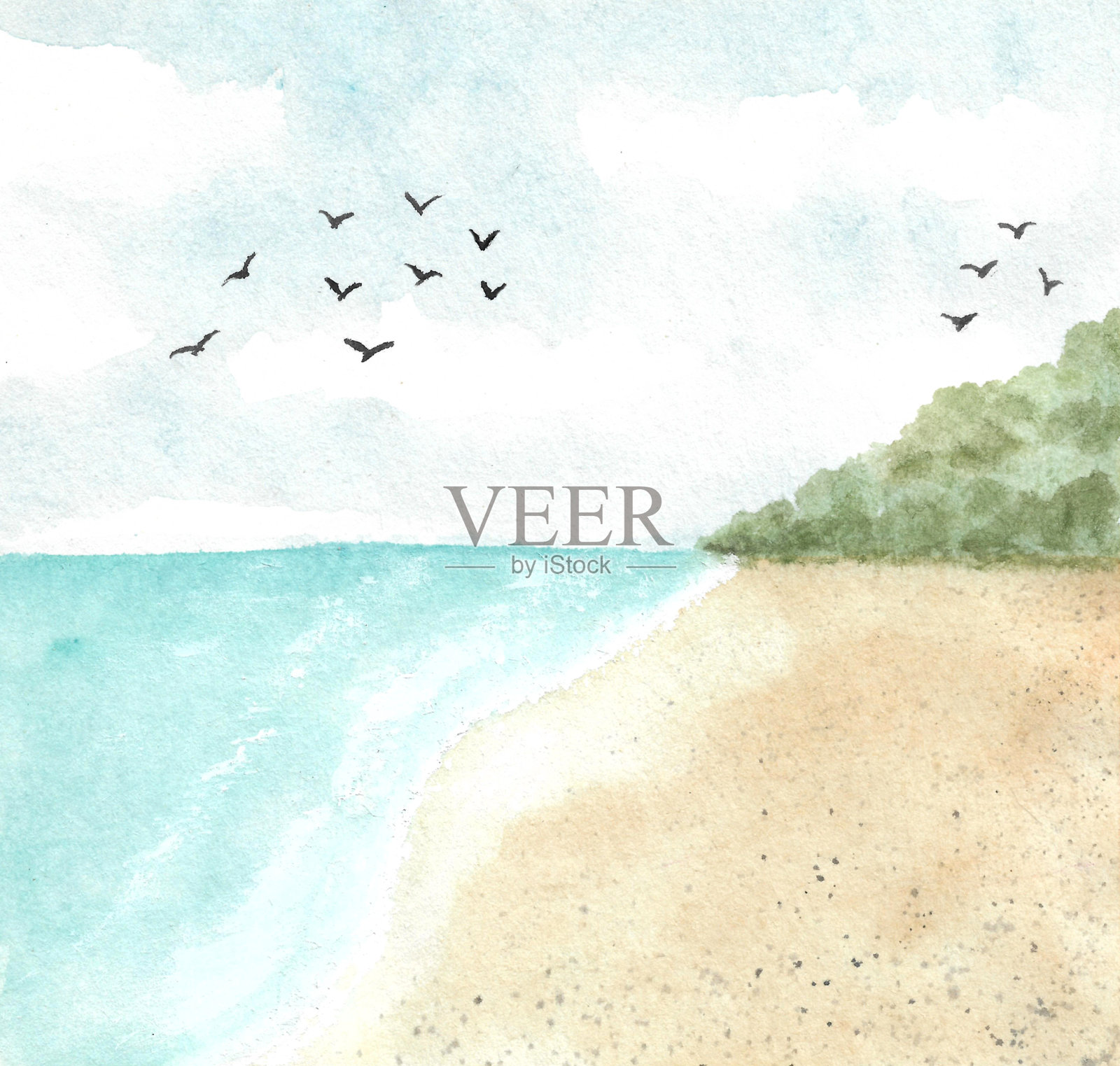 水彩画自然背景，蓝色海洋、鸟类、天空、树木和夏季海景美丽的波浪。插画图片素材