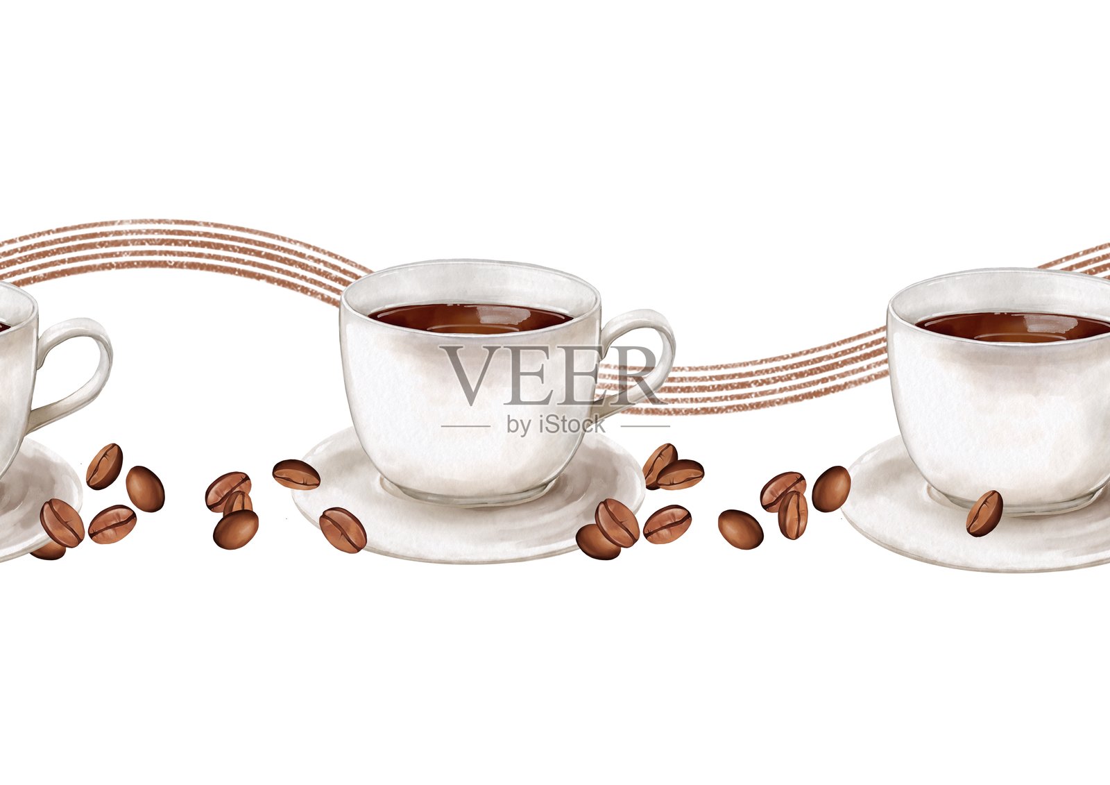 无缝边框，咖啡杯与深棕色咖啡，手绘插图插画图片素材