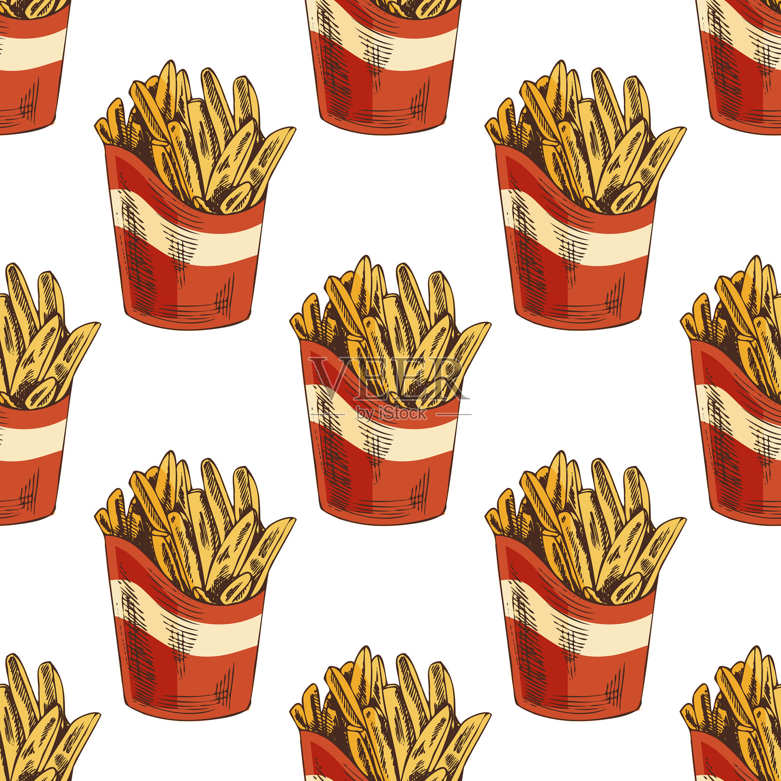 手绘复古无缝薯条图案，红色纸盒，快餐背景插图插画图片素材