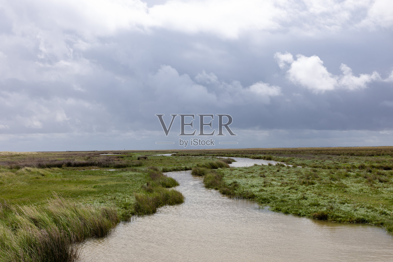 空旷的平坦滩涂景观，蜿蜒的小溪延伸至荷兰的斯基尔蒙尼科岛的地平线。照片摄影图片