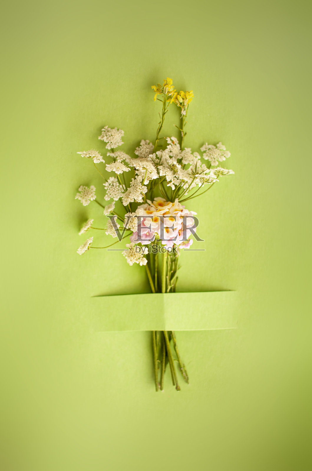 带有新鲜花卉的明信片。祝福，婚礼邀请。照片摄影图片