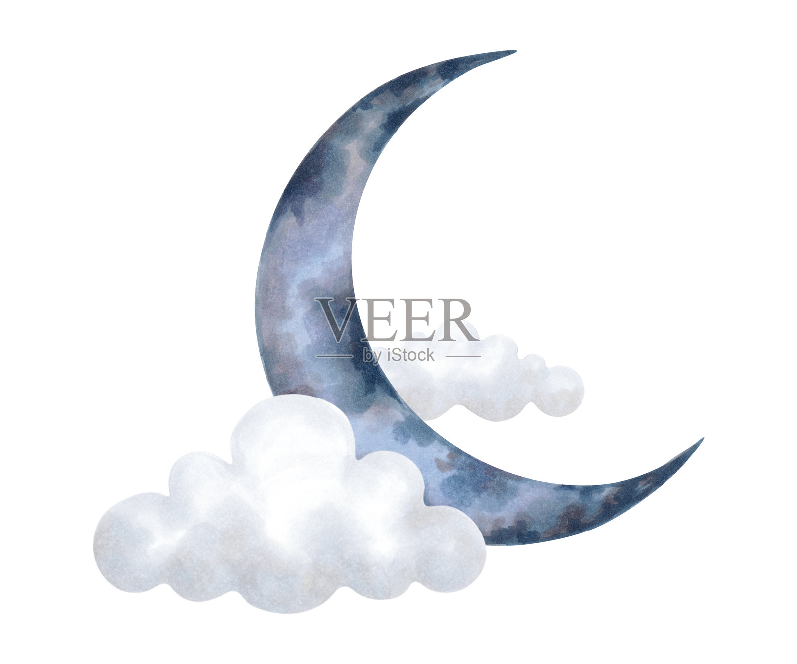 蓝色新月与云朵的天空元素。水彩和马克笔插图。独立手绘艺术，包含天空元素。适合儿童房间、衣物和卡片的卡通儿童素描。插画图片素材