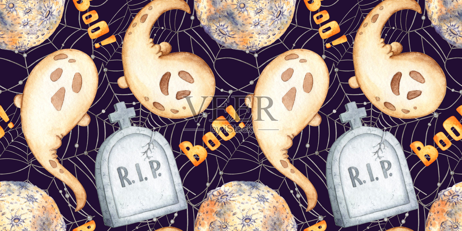 蓝色水彩上的幽灵月亮墓碑网络图案插画图片素材