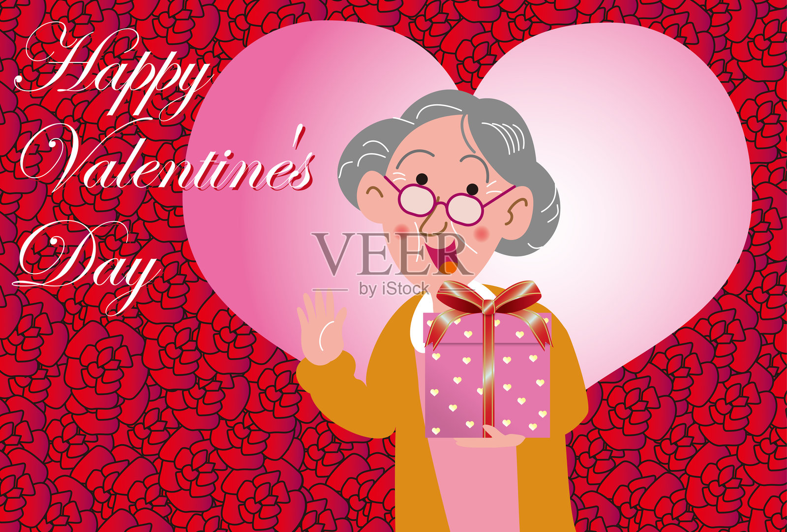 奶奶的情人节贺卡和礼品盒插画图片素材