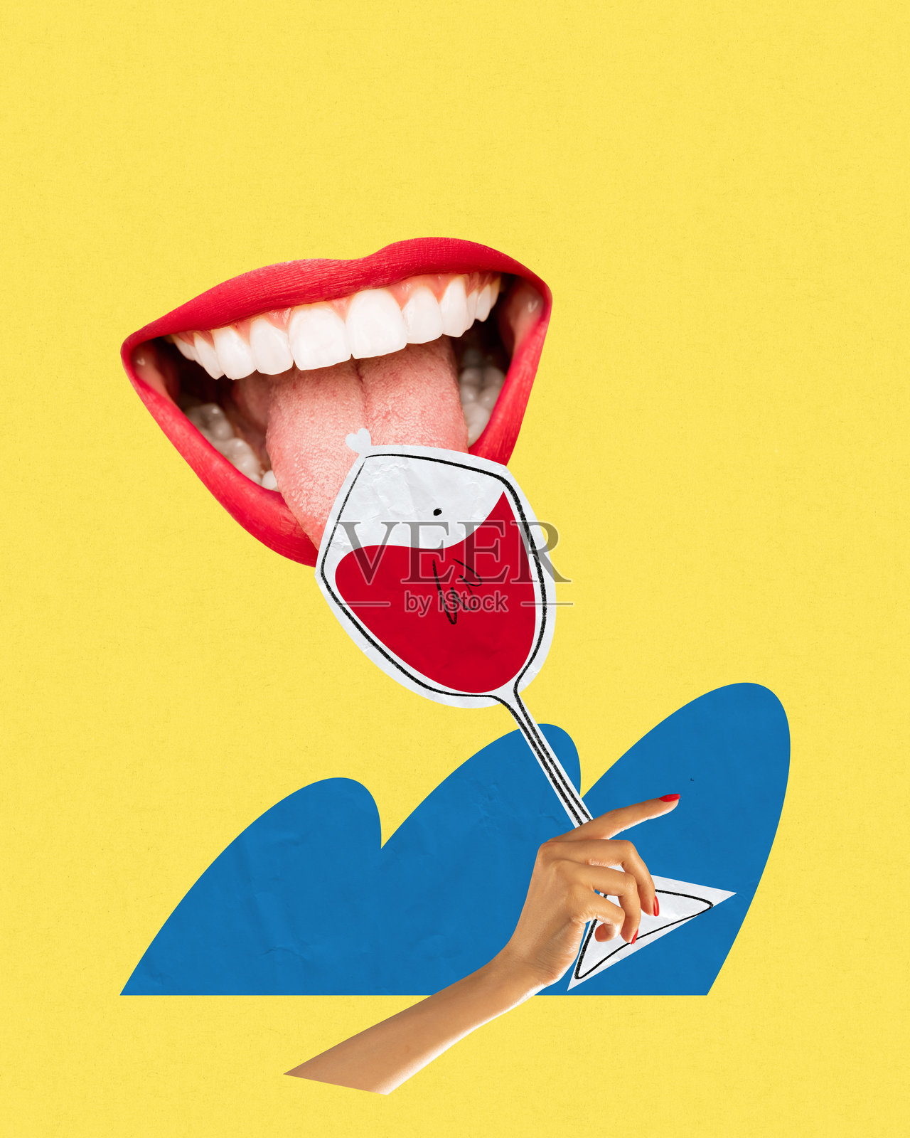 红唇与手握风格化酒杯，背景为黄色。活动推广照片摄影图片