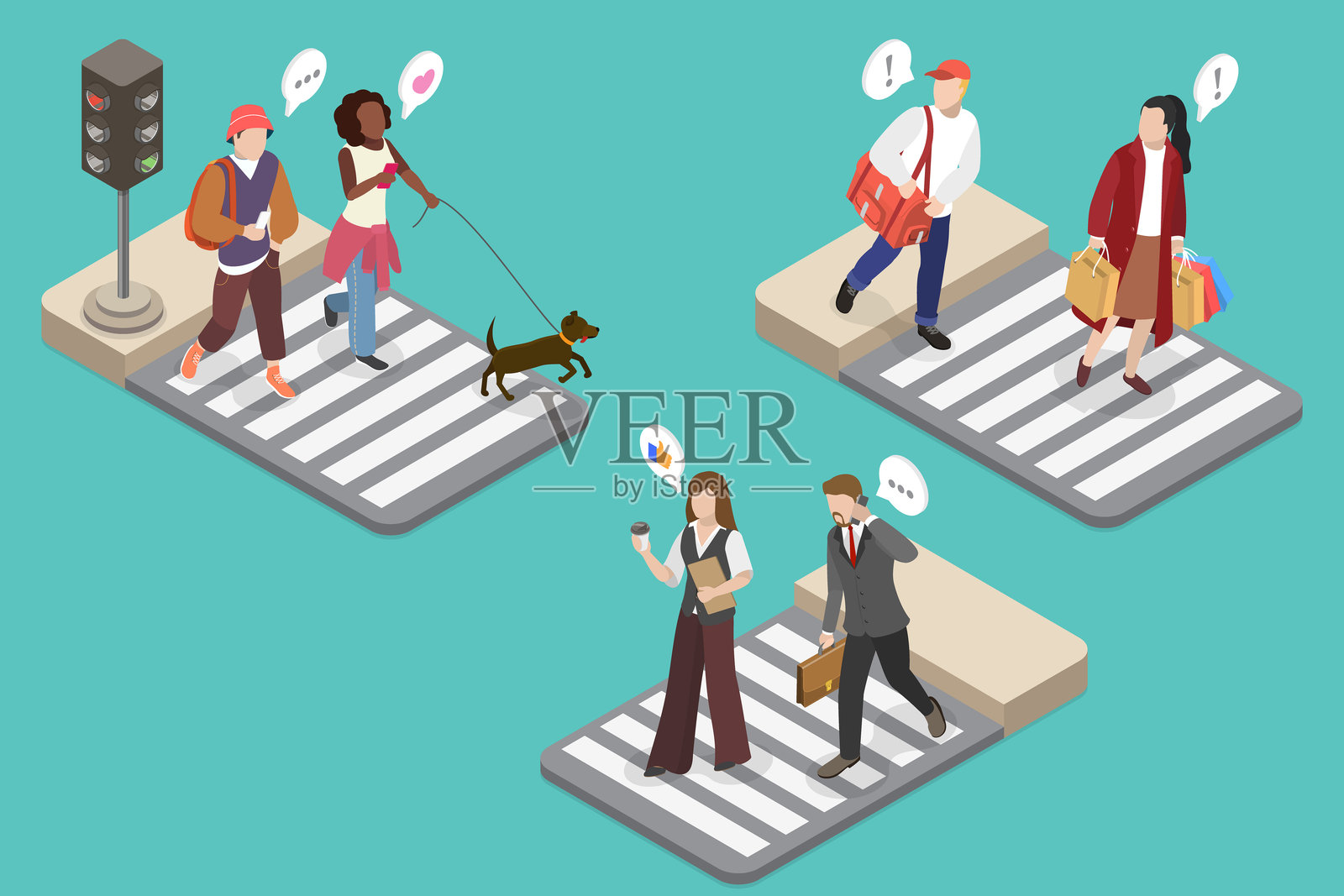 3D等距平面矢量插图：人行横道和交通信号灯插画图片素材