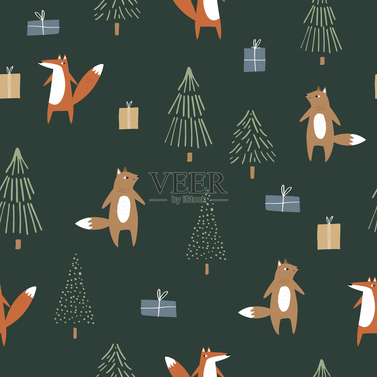 无缝圣诞图案，包含森林狐狸角色、风格化树木和礼物插画图片素材
