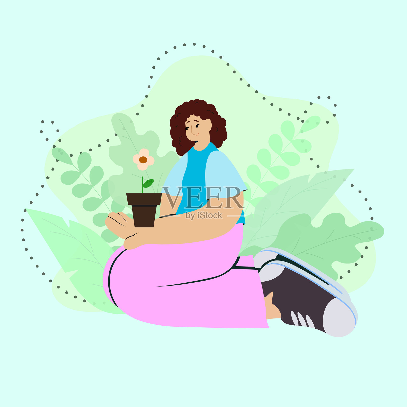 平面插图描绘了一位卷发女性跪着，手中捧着一盆花。周围环绕着抽象的绿色叶子和柔和的形状。采用粉彩色调和现代卡通风格。插画图片素材