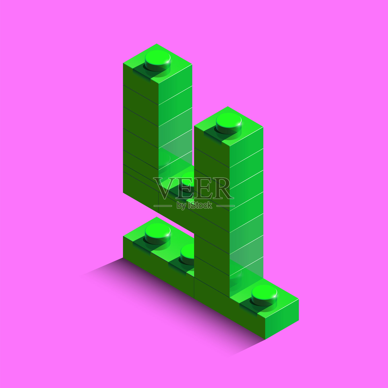 逼真的绿色3D等距数字4，由砖块构成，背景为黄色。插画图片素材