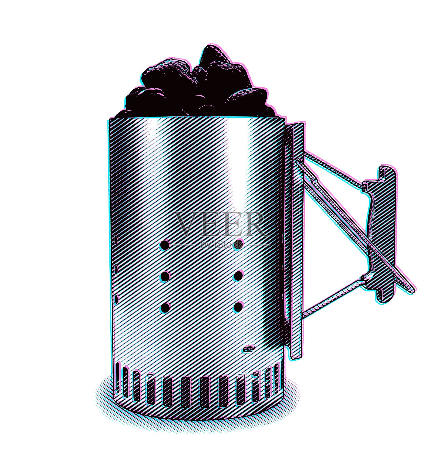 木炭烟囱点火器。白色背景上的剪切效果与故障技术插画图片素材