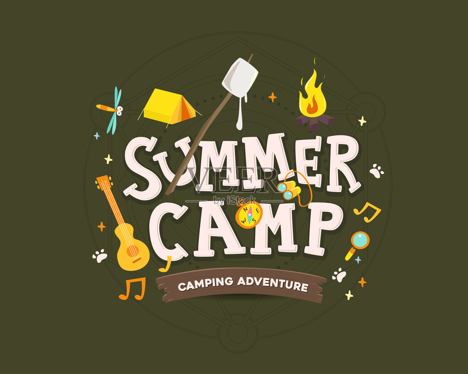 有趣的夏令营海报，背景为深绿色，上面有帐篷、篝火、吉他、指南针、棉花糖和其他露营图标。插画图片素材