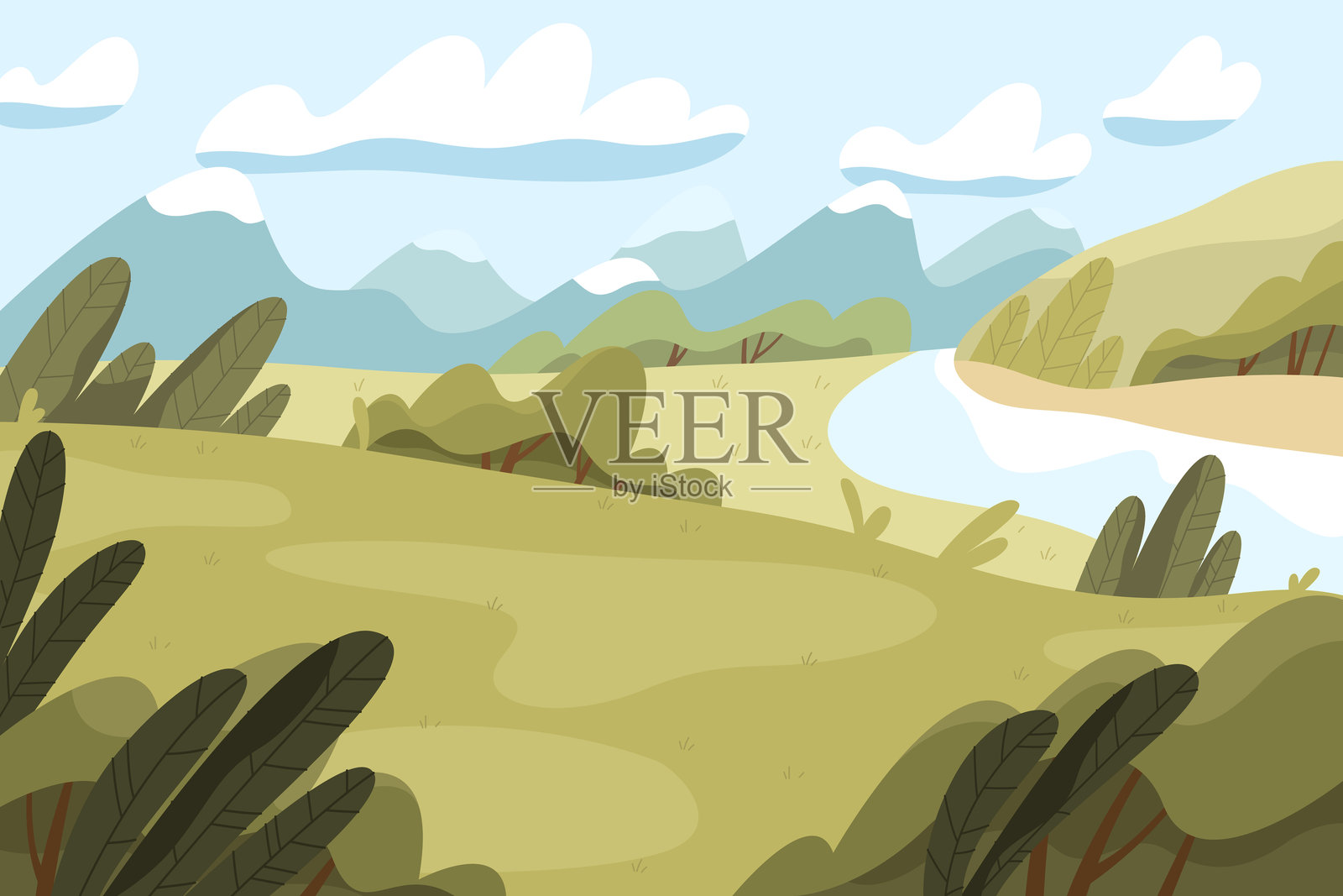 夏季山丘与山脉背景。矢量图。插画图片素材