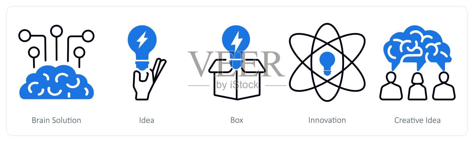 一组包含5个混合图标，代表大脑解决方案、创意和盒子插画图片素材