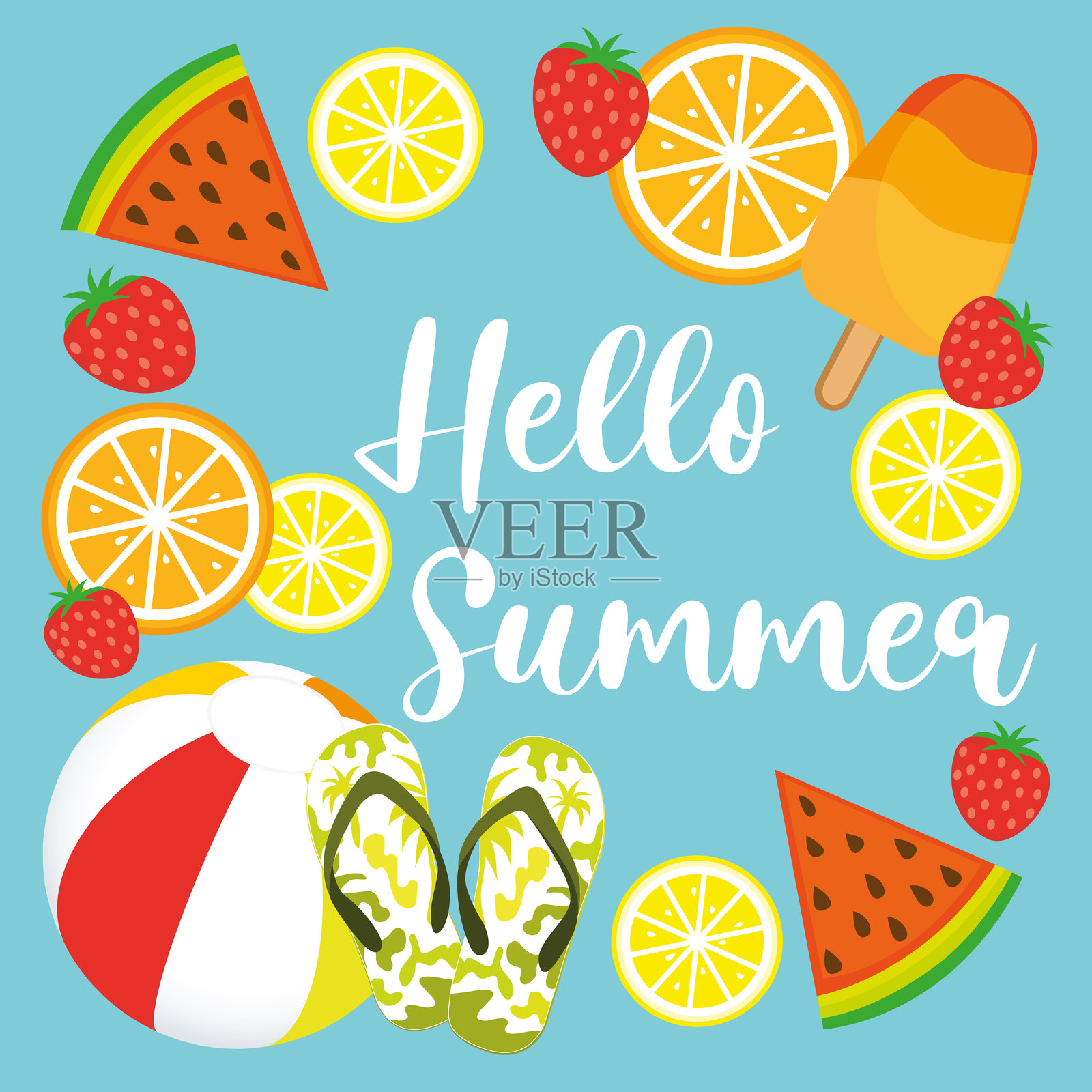 你好，夏天。蓝色背景。手绘矢量插图，包含沙滩球、冰淇淋、西瓜、草莓、柠檬和橙子。插画图片素材