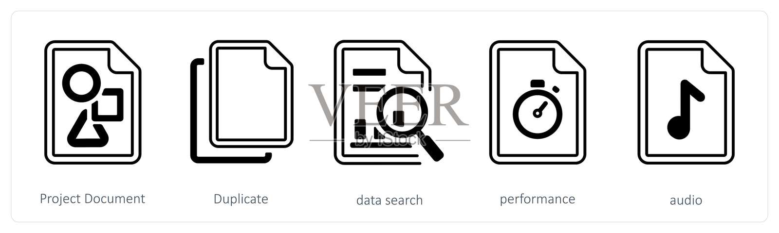 一组包含5个混合图标的项目文档，包括复制和数据搜索。插画图片素材