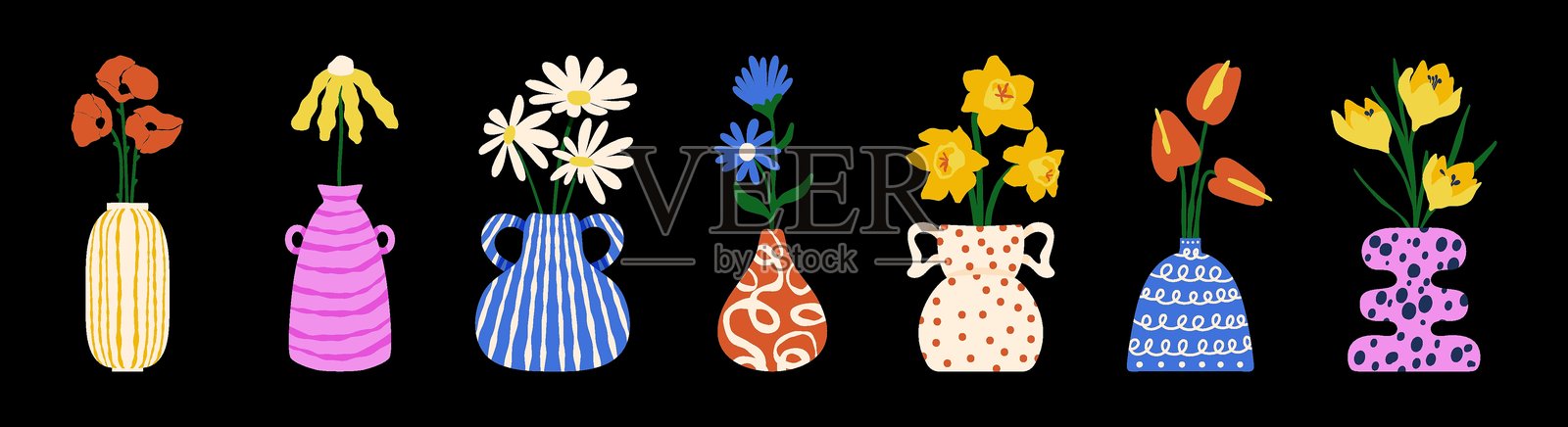陶瓷花瓶中的花卉。陶土花盆中的花束，抽象的花卉排列，色彩缤纷的盛开植物，陶艺的时尚美学，现代植物贴纸。矢量图集插画图片素材