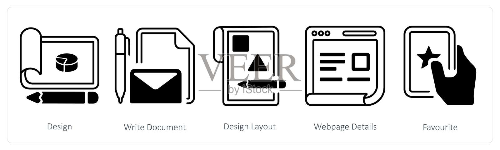 一组5个混合图标，包含设计、撰写文档、设计布局插画图片素材