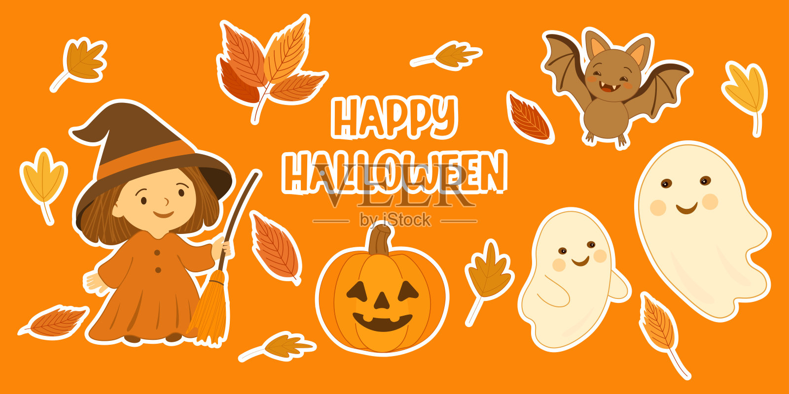 可爱的万圣节贴纸套装，包括南瓜、鬼魂、小女巫、蝙蝠和秋天的树叶。插画图片素材