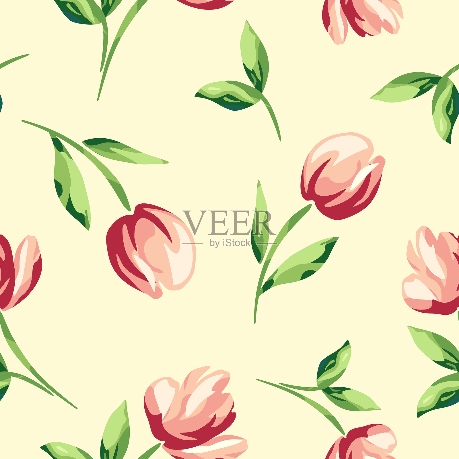 无缝花卉图案，黄色背景上的粉色花朵。矢量花卉印刷。插画图片素材