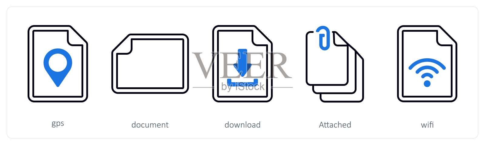 一组包含5个混合图标，如GPS、文档、下载等。插画图片素材