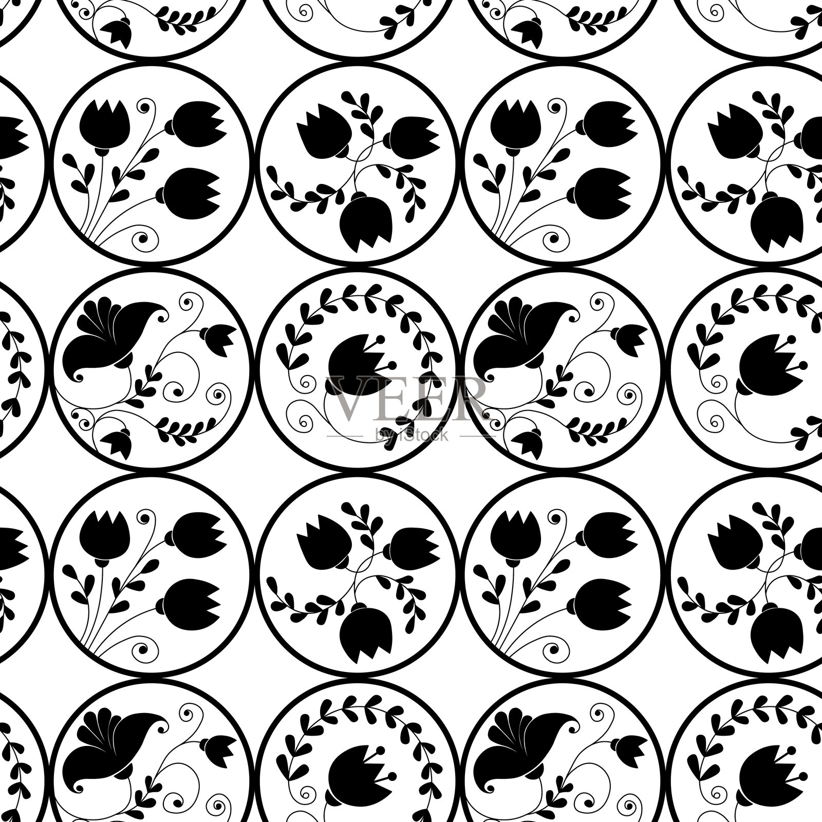无缝图案，带有叶子和花朵的斯堪的纳维亚装饰。民族风格的黑白花卉背景。矢量插图，适用于布料、卡片、织物的手绘设计模板。插画图片素材