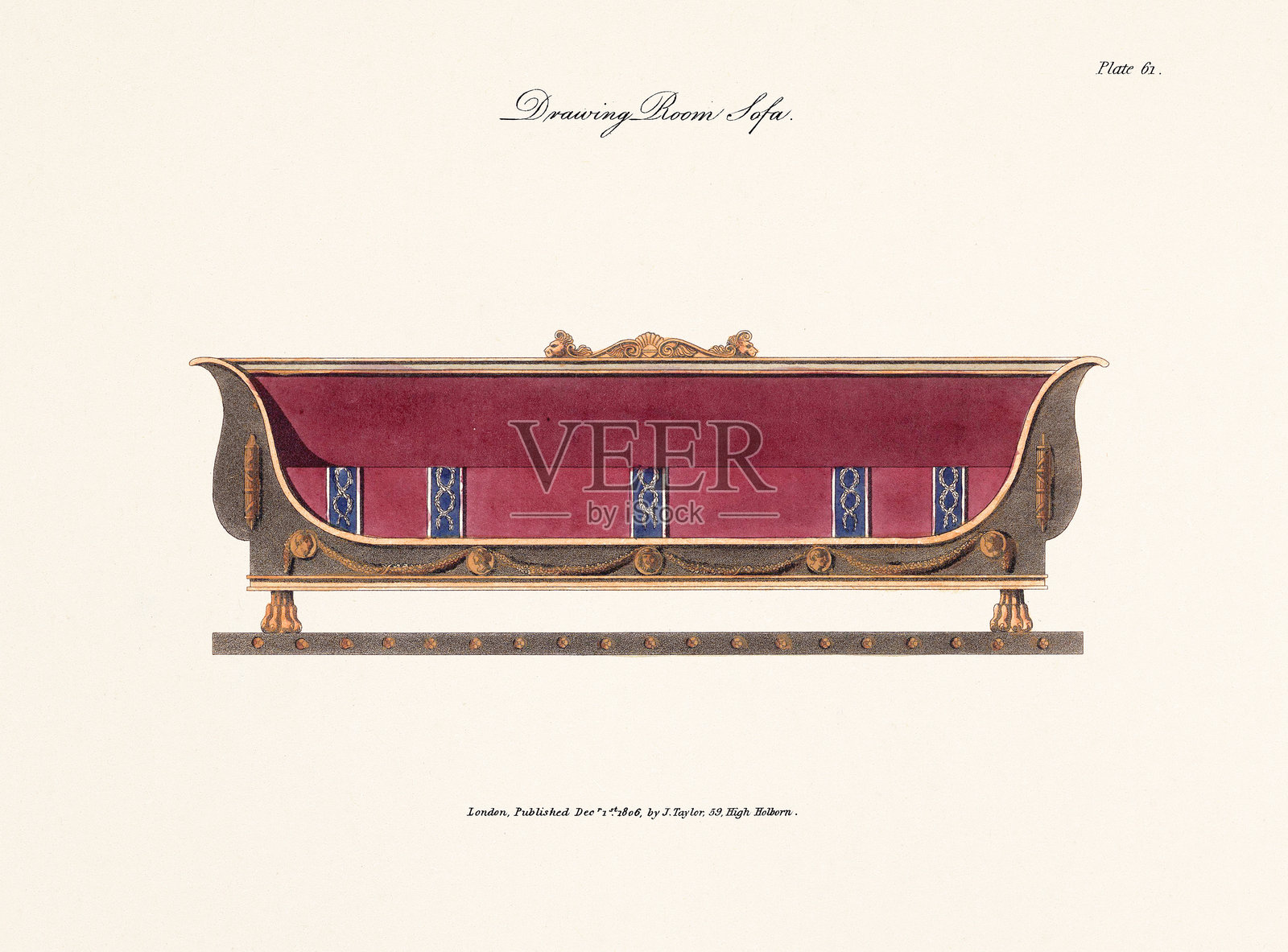 沙发设计。19世纪的古董英国室内设计插画图片素材