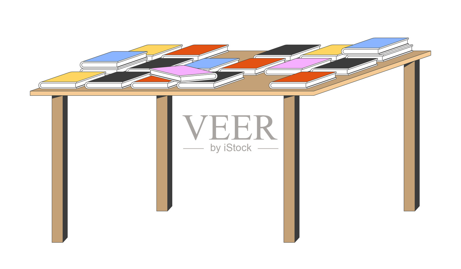 展示堆叠图书的木桌 2D 卡通物体插画图片素材