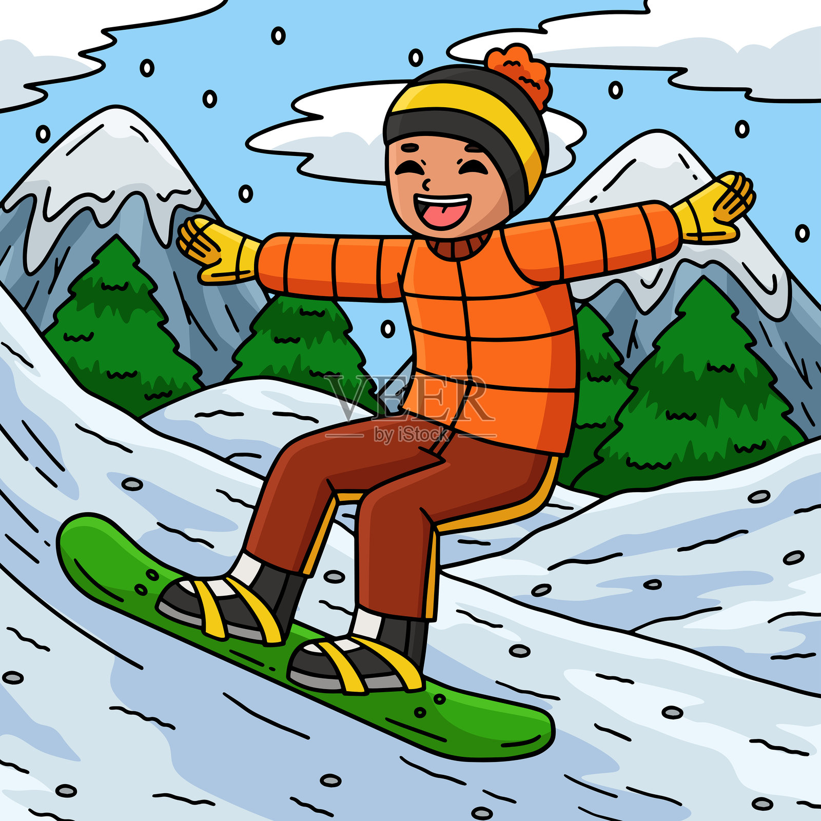 滑雪板男孩在雪地上滑行插画图片素材