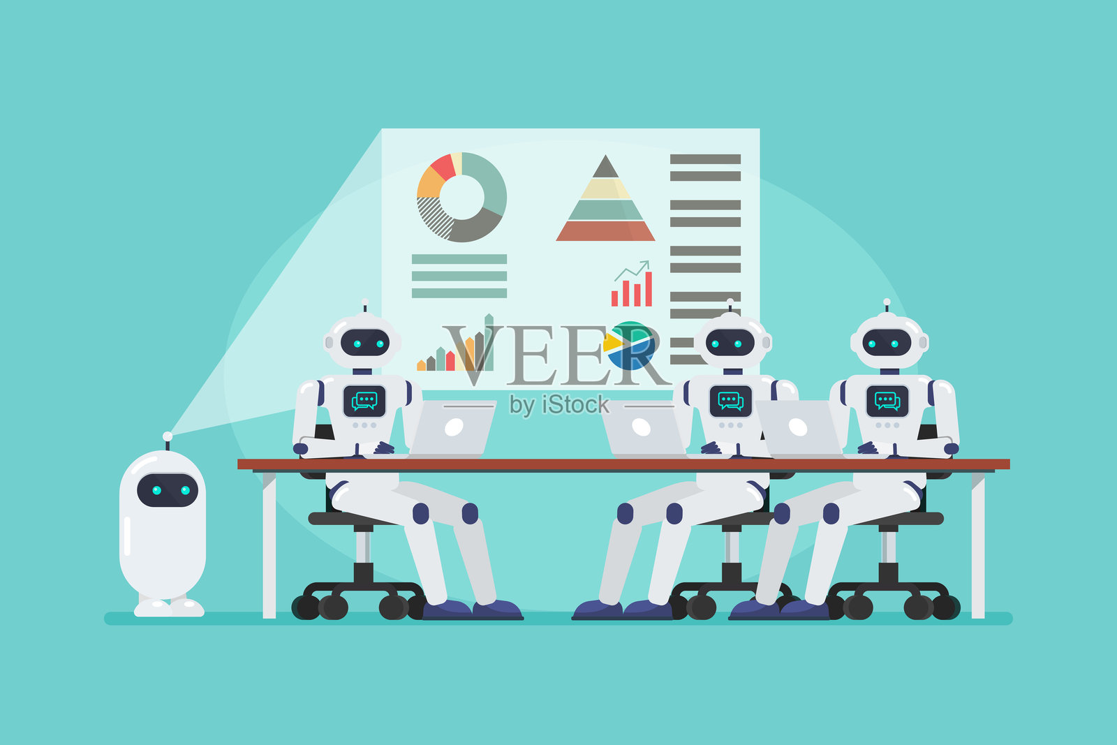 安卓机器人在桌子上开会。插画图片素材