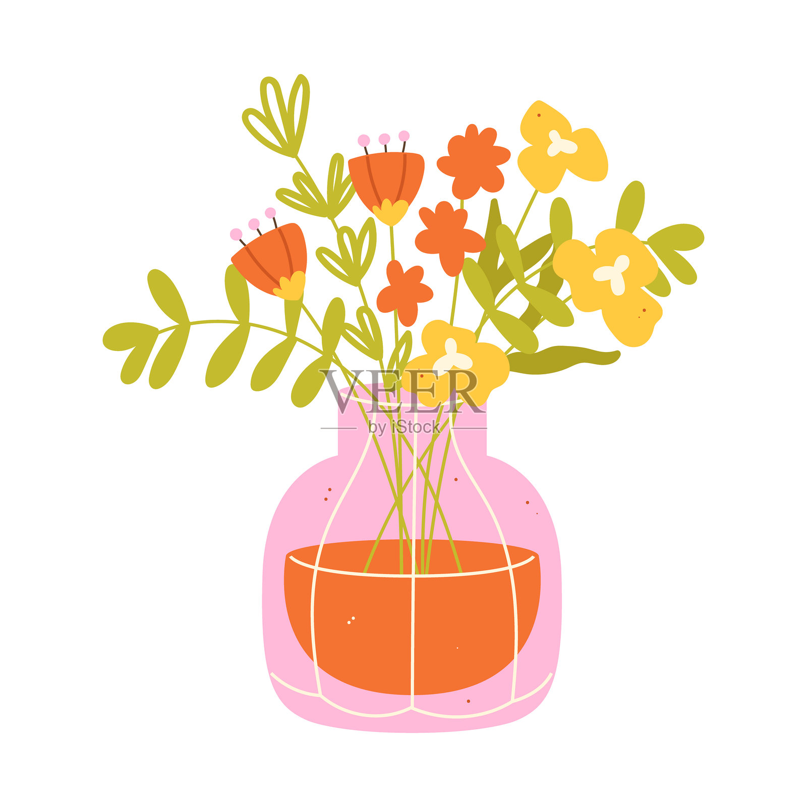 白色背景上的春季花卉花束花瓶插画图片素材