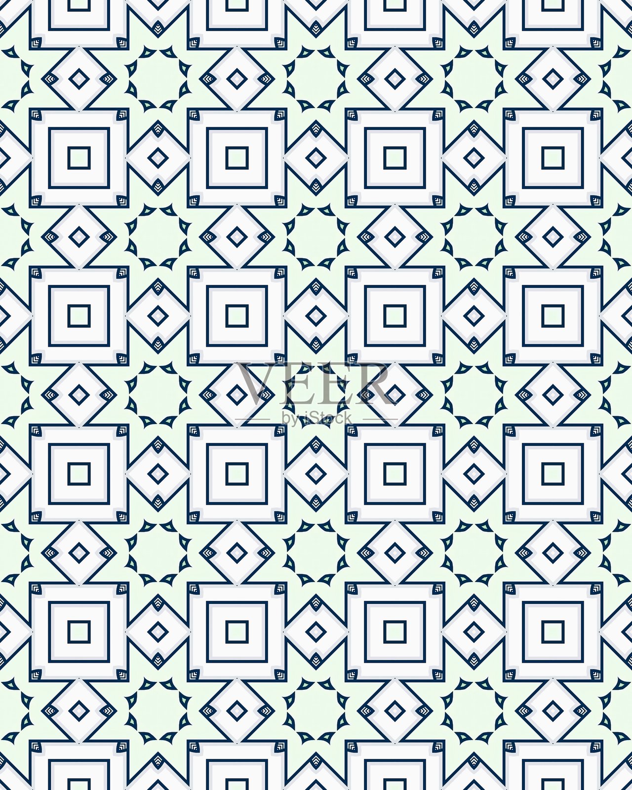 复杂的几何形状在柔和的背景上形成无缝图案，包含蓝色调的方形和菱形，适合现代设计。插画图片素材