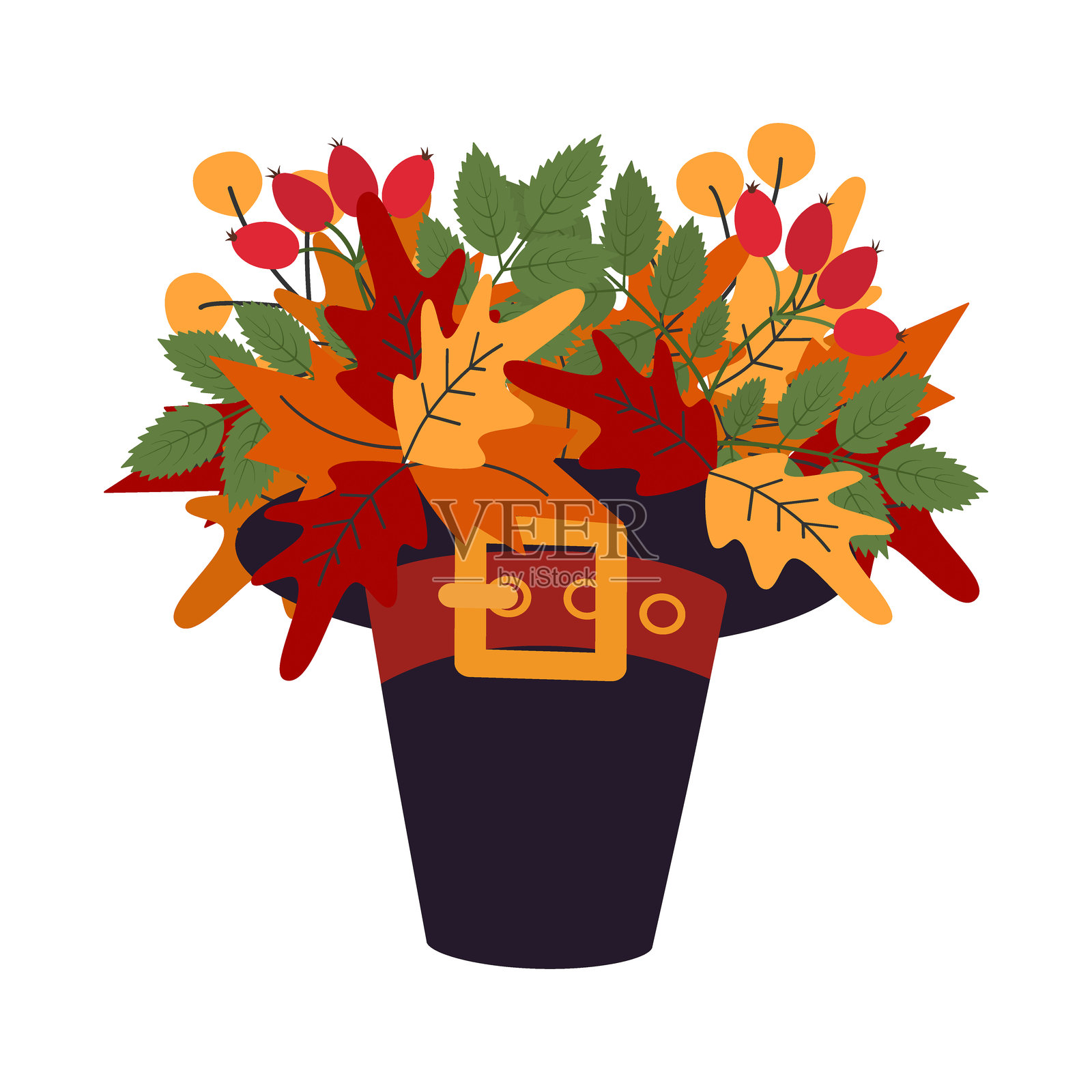 自由手绘的秋叶和玫瑰果花束，搭配朝圣者帽子的感恩节问候设计元素插画图片素材