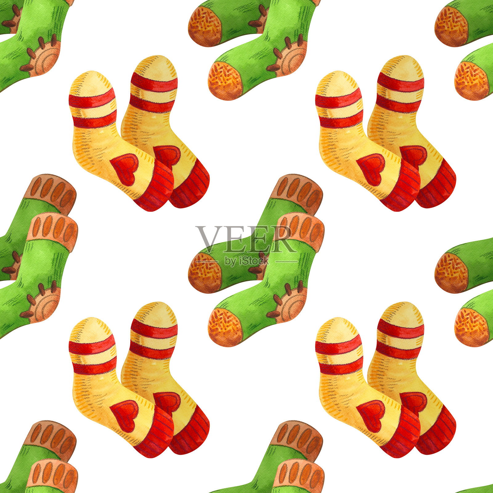 秋季服装插图的无缝图案。水彩手绘的毛衣、袜子、围巾和配饰，背景为白色。可用于海报、印刷、卡片、纺织品和市场。插画图片素材