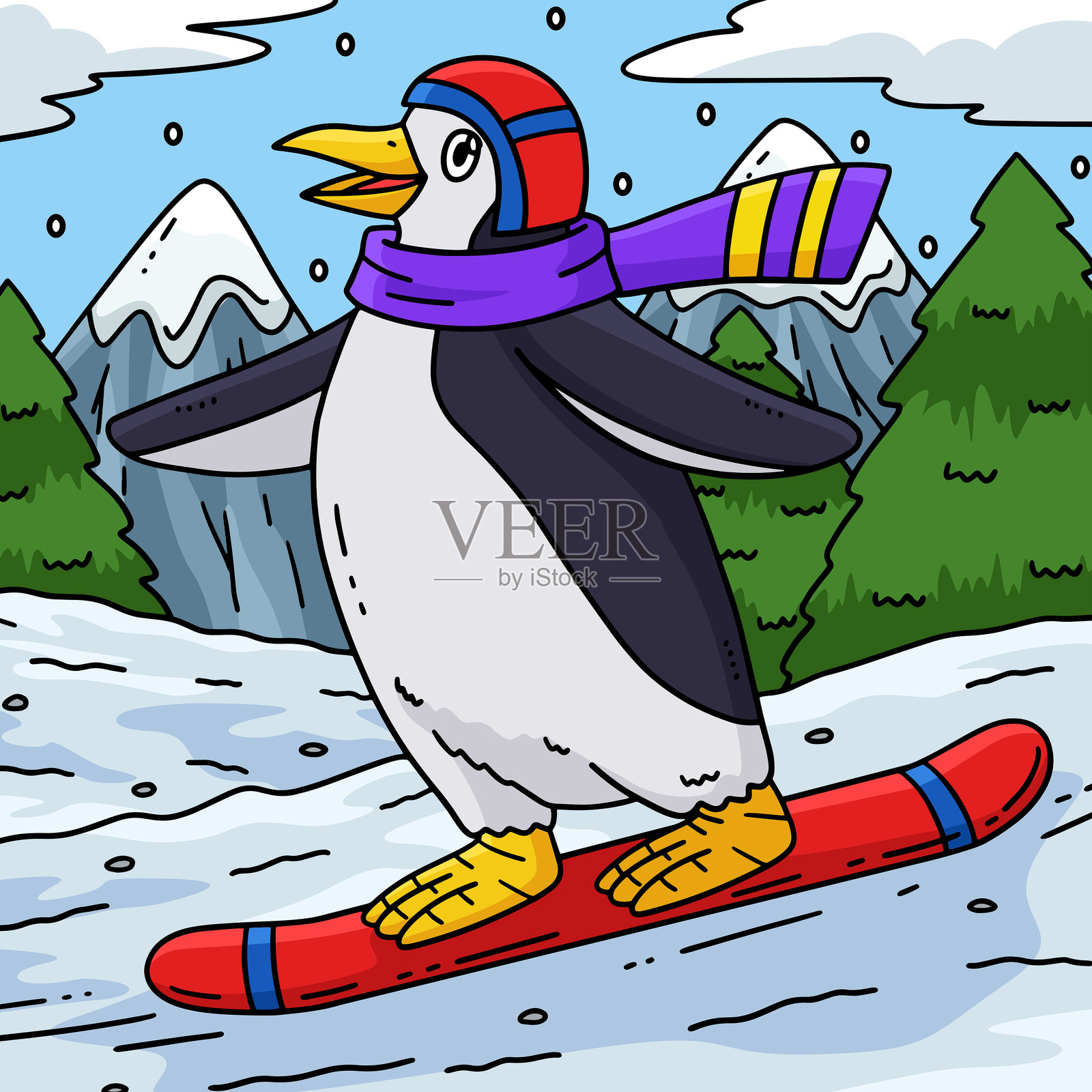 滑雪的企鹅彩色卡通插图插画图片素材