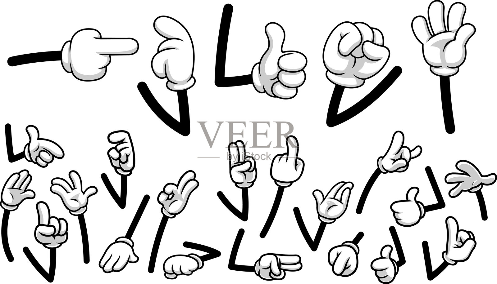 复古卡通白手套角色手势与姿势多样化插画图片素材