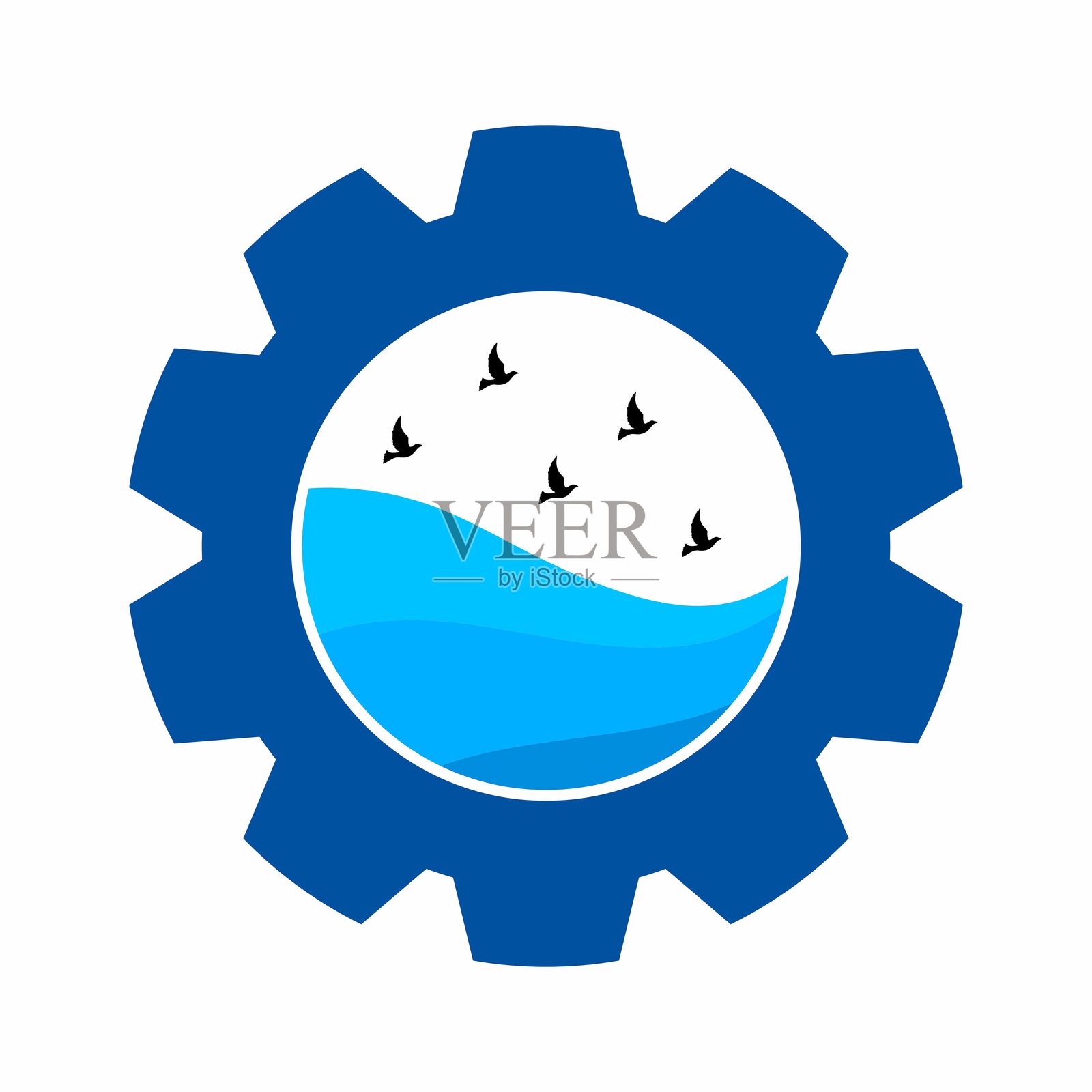 海洋与在齿轮内飞翔的鸟类矢量标志插画图片素材